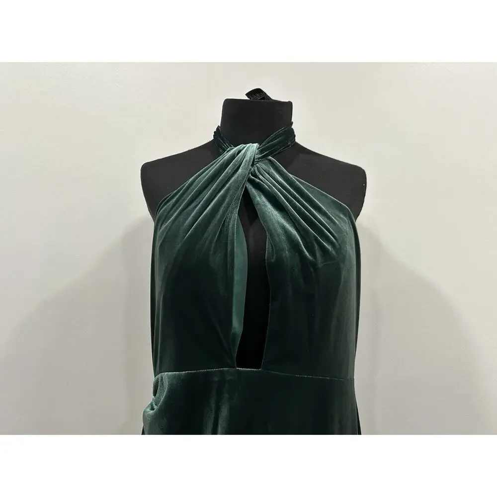 Mac Duggal 11924 Green Twist Neck Open Front Velvet Draped Velvet Dress Sz 12